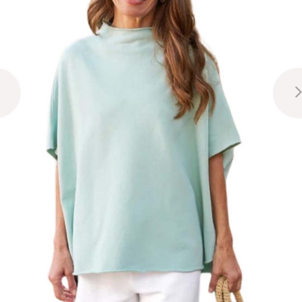 Frank & Eileen Audrey Mock Neck Sweatshirt Capelet Short Sleeve Top Seafoam OS